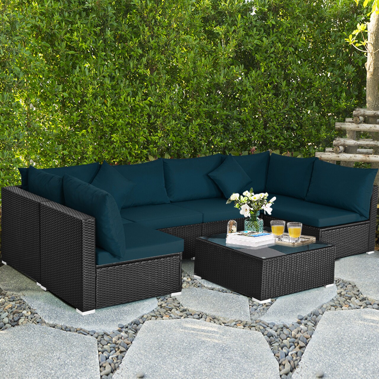 7-Pieces Modern Patio Wicker Conversation Set with Cushions Design and Adjustable for Garden-Poolside